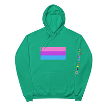 Load image into Gallery viewer, Bi Pride Flag with LGBTQIAP+ on left sleeve - Unisex fleece hoodie