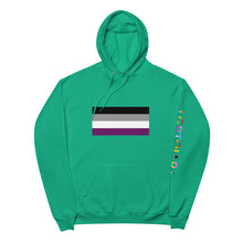 Load image into Gallery viewer, Ace Pride Flag with LGBTQIAP+ on left sleeve - Unisex fleece hoodie