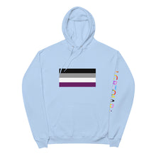 Load image into Gallery viewer, Ace Pride Flag with LGBTQIAP+ on left sleeve - Unisex fleece hoodie