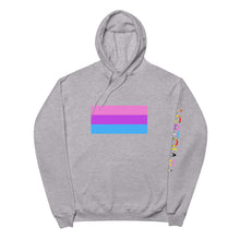 Load image into Gallery viewer, Bi Pride Flag with LGBTQIAP+ on left sleeve - Unisex fleece hoodie