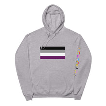 Load image into Gallery viewer, Ace Pride Flag with LGBTQIAP+ on left sleeve - Unisex fleece hoodie