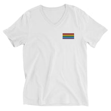 Load image into Gallery viewer, Gay Pride Flag Embroidered Unisex Short Sleeve V-Neck T-Shirt (left chest)