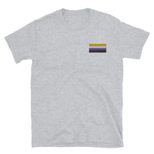 Load image into Gallery viewer, Non-Binary Pride Flag Embroidered Short-Sleeve Unisex T-Shirt (left chest)
