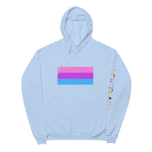 Load image into Gallery viewer, Bi Pride Flag with LGBTQIAP+ on left sleeve - Unisex fleece hoodie
