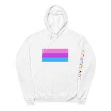 Load image into Gallery viewer, Bi Pride Flag with LGBTQIAP+ on left sleeve - Unisex fleece hoodie
