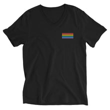 Load image into Gallery viewer, Gay Pride Flag Embroidered Unisex Short Sleeve V-Neck T-Shirt (left chest)
