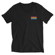 Load image into Gallery viewer, Pan Pride Flag Embroidered Unisex Short Sleeve V-Neck T-Shirt (left chest)
