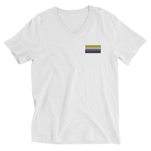 Load image into Gallery viewer, Non-Binary Pride Flag Embroidered Unisex Short Sleeve V-Neck T-Shirt (left chest)
